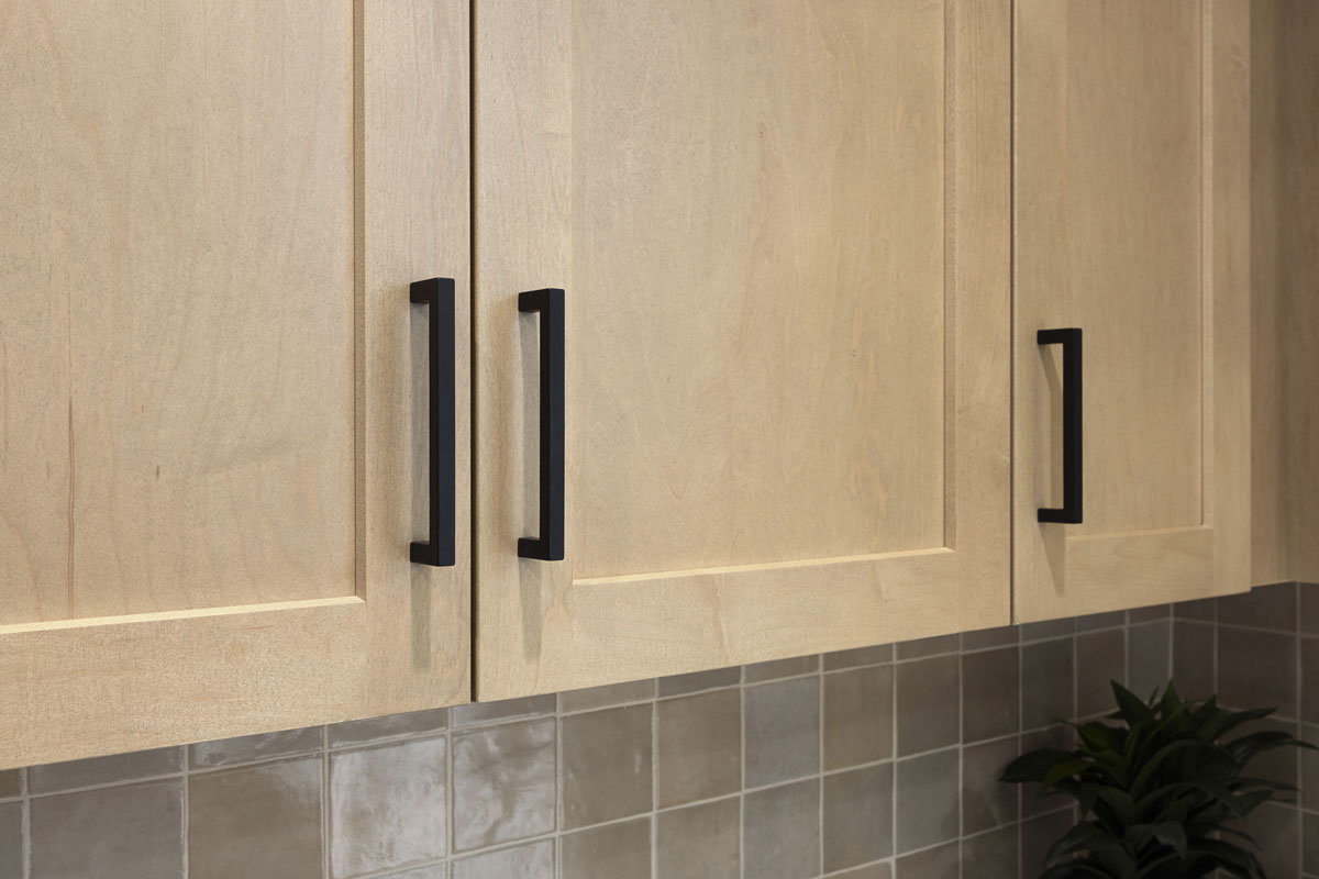 Optional maple cabinets and matte black pulls