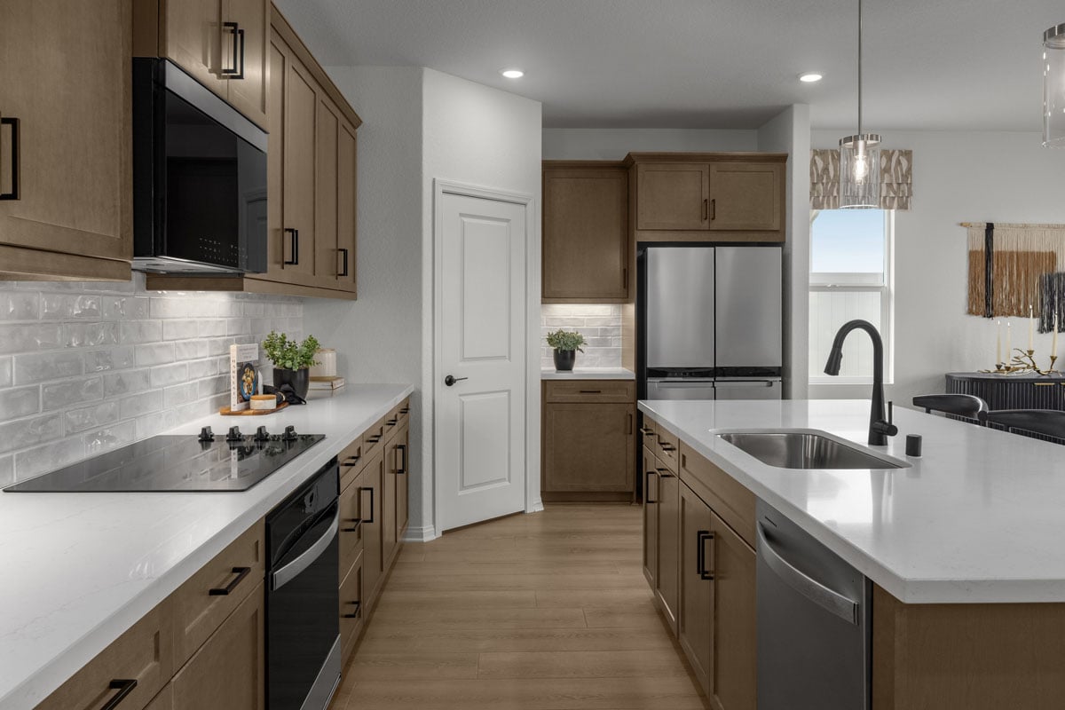 Optional Shaker-style maple cabinets with black hardware