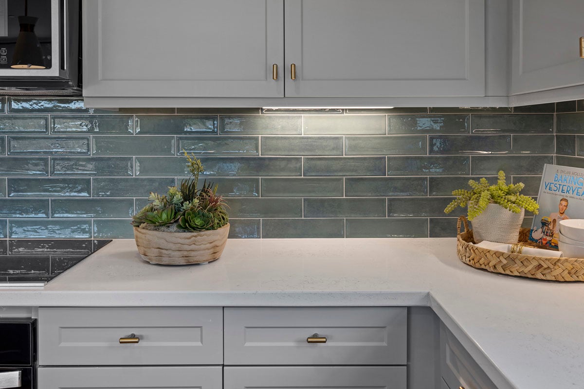 Optional quartz countertops and full tile backsplash