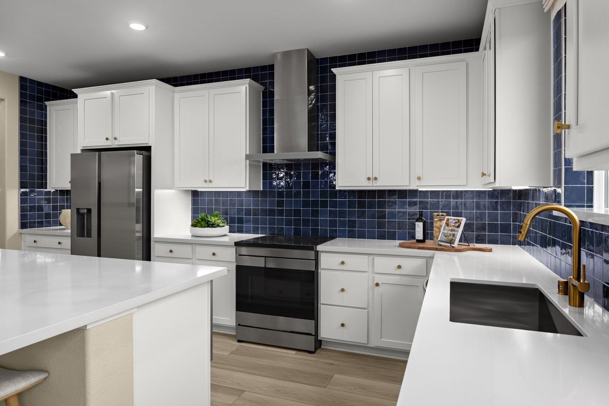 Stainless-steel appliances and quartz countertops