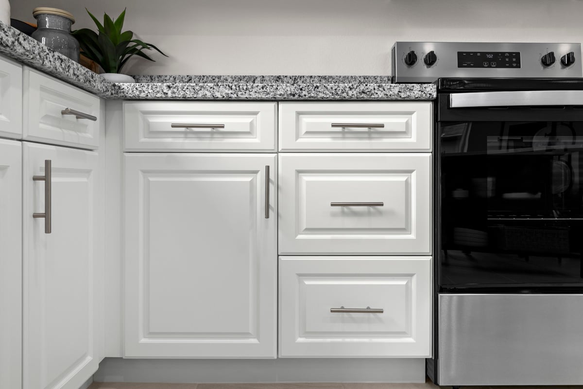 Thermofoil cabinets with satin nickel pulls