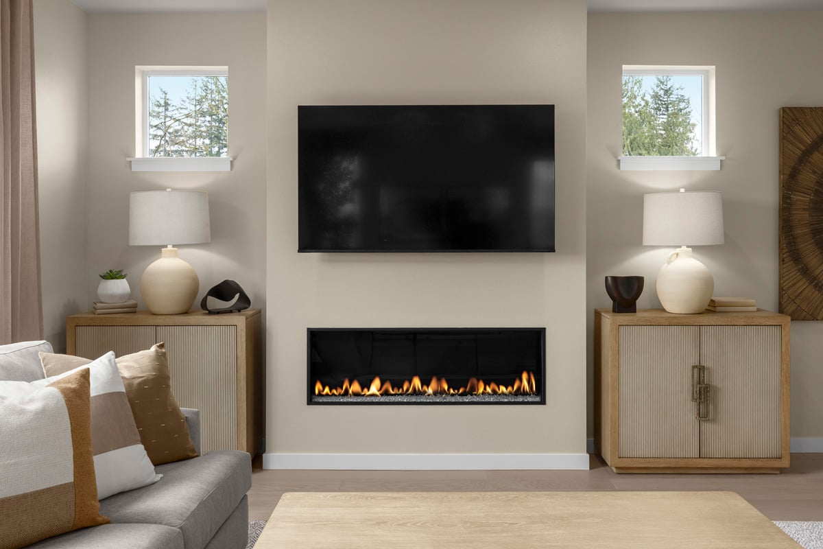 Linear electric fireplace at great room