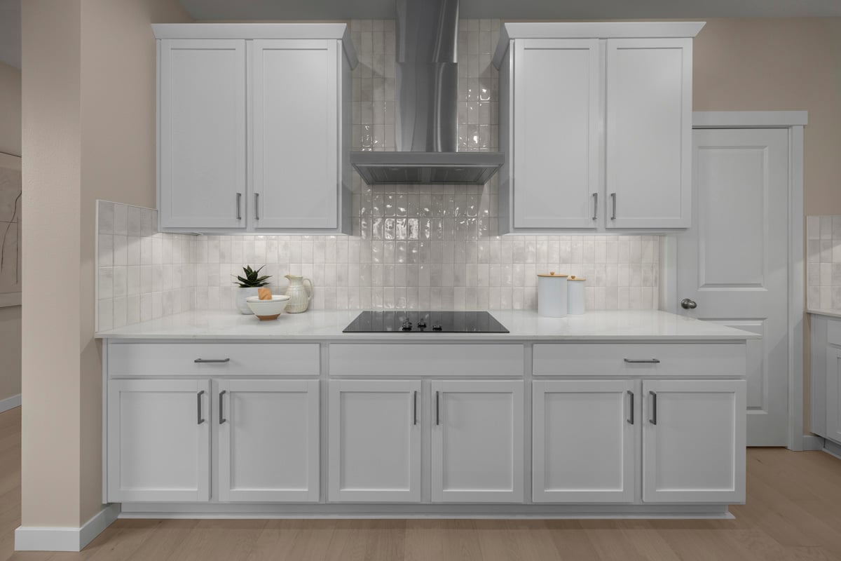 Recessed-panel birch cabinets with under-cabinet lighting