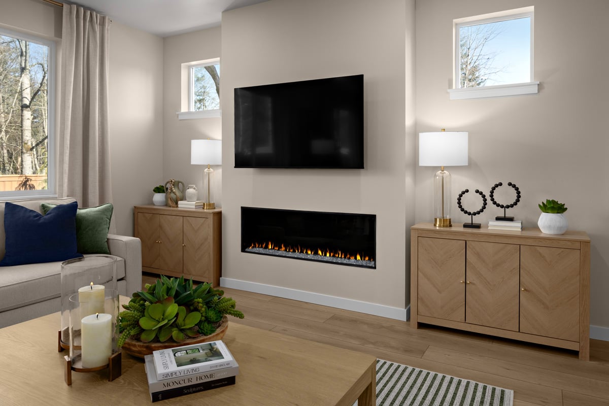 Linear electric fireplace at great room