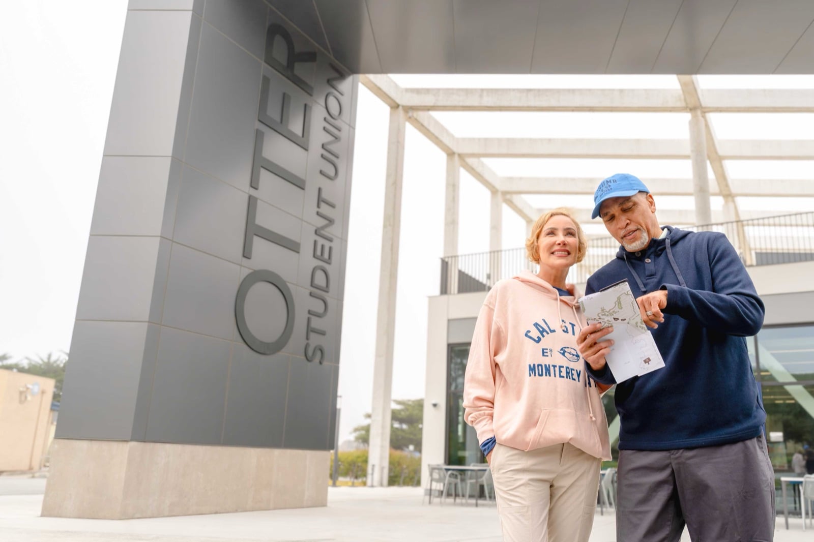 Visitors outside the Otter Student Union at California State University, Monterey Bay